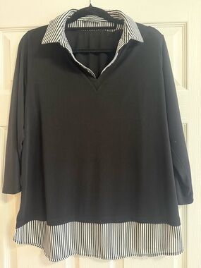 Adrianna Papell Black Layered-Look Tunic with Striped Collar